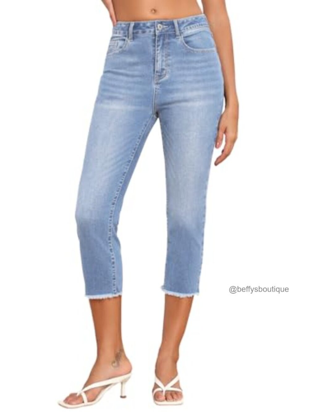 High Waisted Straight Leg Cropped Jeans Raw Hem Stretch Denim